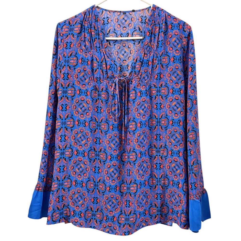 Kobi Halperi Silk Print Bell Sleeve Tie Neck Blouse Women's Size S Cottagecore